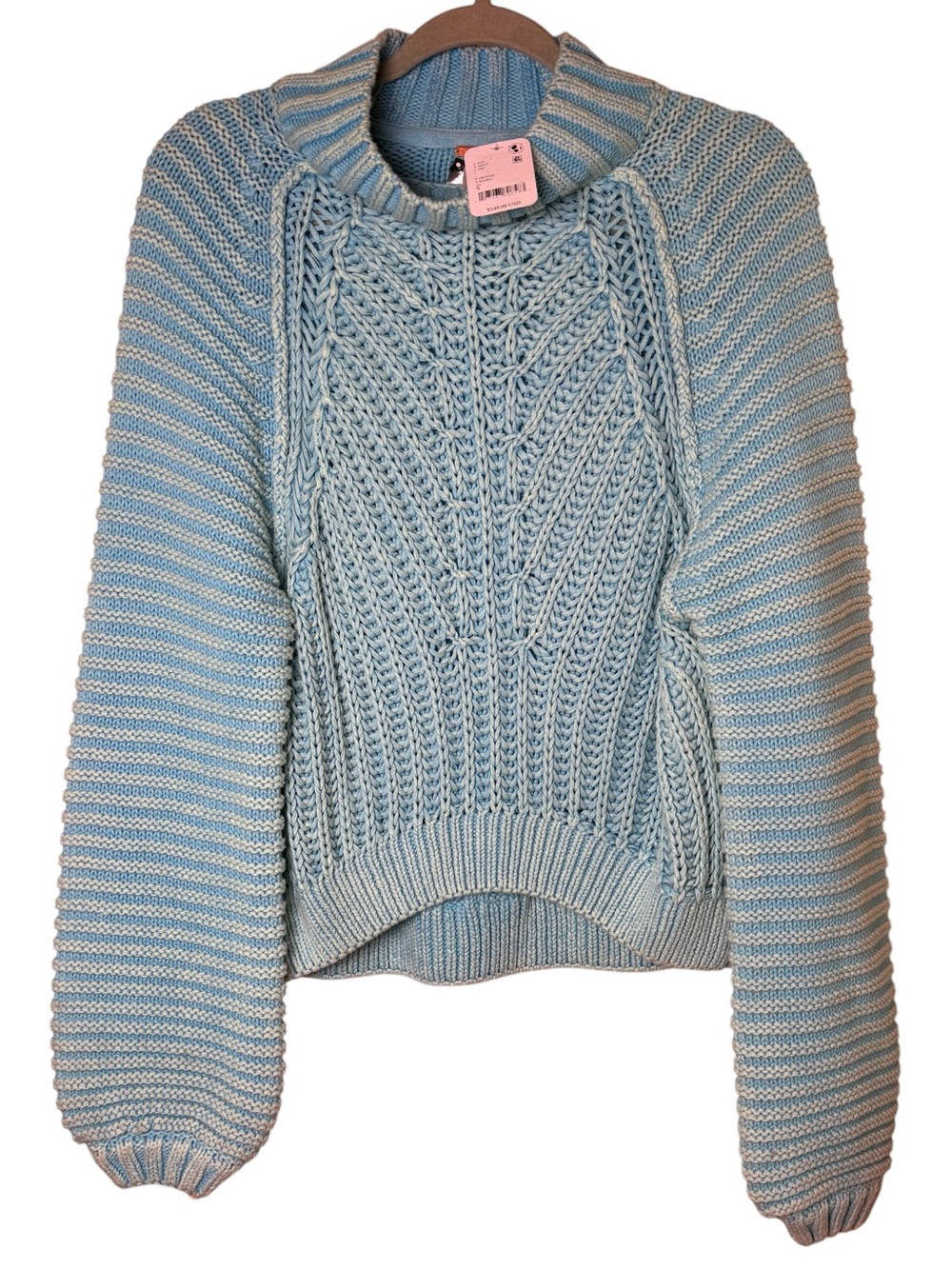 NWT Free People Sky Blue Green Cable Turtleneck Sweater